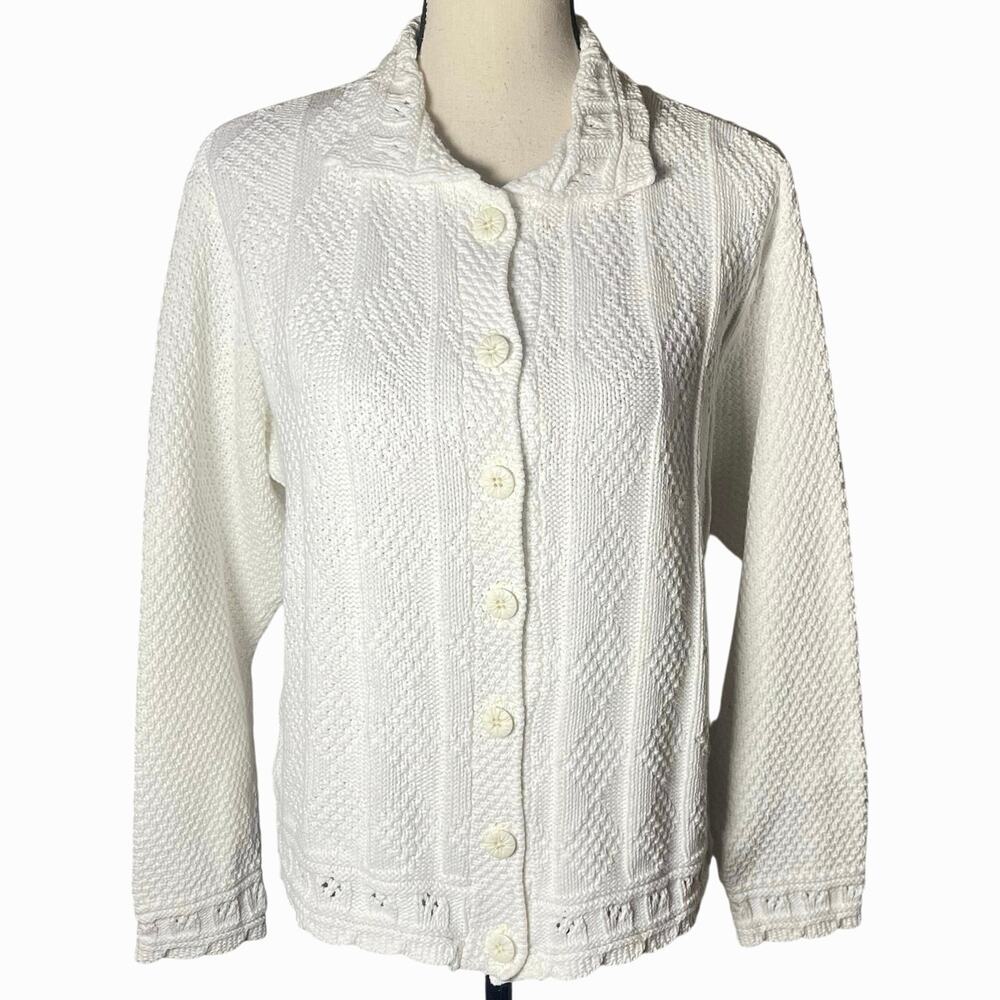 VTG 90s L.L. Bean White Cardigan Sweater Pointinelle Eyelet Medium Grandma Chic